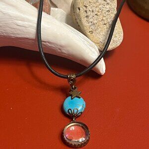 Black Leather Necklace, Turquoise & Glass Mini Magnifier Pendant